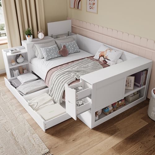 Gegtuon Bett 140x200 Doppelbett mit Nachttisch und Bücherregal, Schlafsofa Betten mit Stauraum Kopfteil & Schubladen, Stauraumbett Tagesbett Bettgestell mit Regal und Lattenrost, ohne Matratze, Weiß