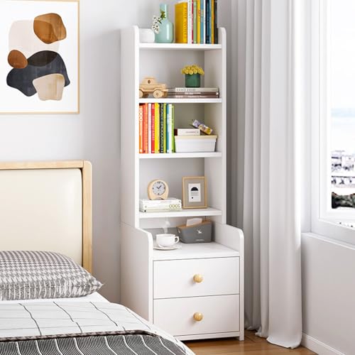 Modernes Bücherregal mit offenen Regalen und Schublade, hoher Nachttisch und Nachttischschrank für Schlafzimmer, weißer Beistelltisch, Lagerregal