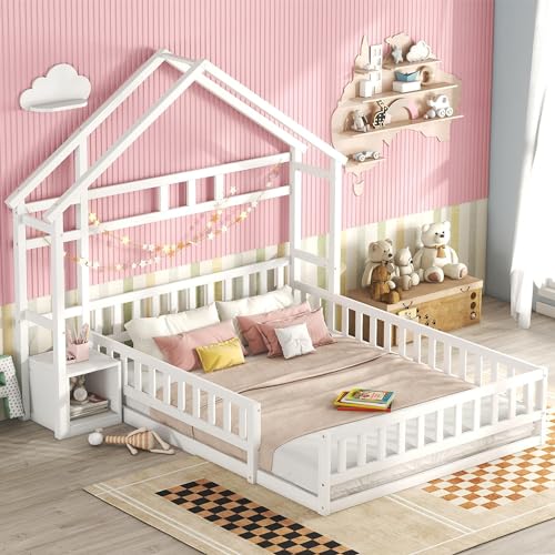 TOBIDOEN Kinderbett 140x200 cm Hausbett Kinder Bodenbett mit Geländern zum Schutz, inklusive Lattenrost und Nachttischen Stauraum, Weiß, Kiefer