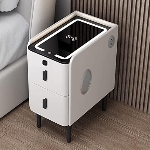 Weißer Nachttisch mit LED-Licht, USB-Ladeanschluss und Aufbewahrungsschublade für kleine und schmale Nachttischmöbel im Schlafzimmer