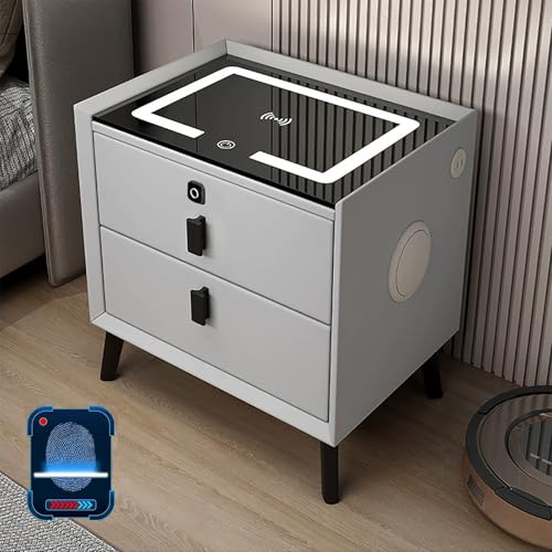 XINGYAOXS Nachttisch mit Schublade mit Schloss für Fingerabdrücke, intelligenter Nachttisch mit kabellosem Laden/2 USB-Anschlüssen und LED-Lichtern, Seitentisch mit Bluetooth-Lautsprecher (Grau, 50 cm