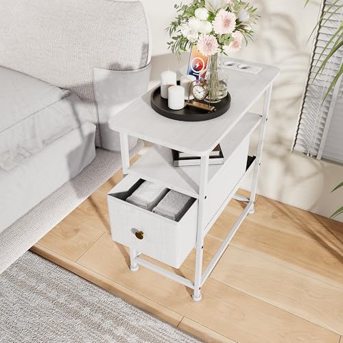 Holtrae Nachttisch mit Licht und Ladefunktion, Beistelltisch mit Schublade, Nachttische mit 2 AC-Anschlüsse & 2 -Anschlüssen, Fürs Wohnzimmer, Schlafzimmer, Weiß