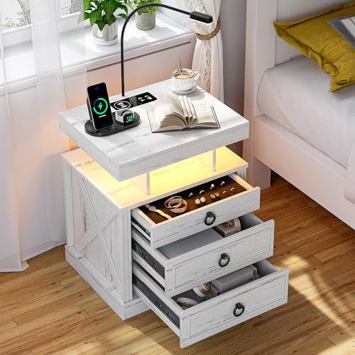 Lvifur LED Nachttisch mit Leselampe,Nachttische mit 2 Schubladen & 1 Versteckte Schublade,Night Stand mit Intelligente Ladestation,Beistelltisch e für Schlafzimmer/Wohnzimmer