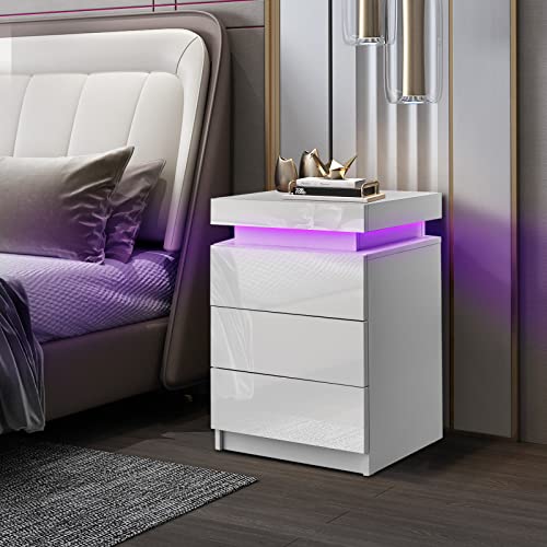 CLIPOP Moderner Nachttisch Hochglanzfront Kommode mit 3 Schubladen mit LED-Lichtern, 3 Schubladen Schrank Nachttisch für Wohnzimmer Schlafzimmer Möbel (3 Schubladen, Weiß)