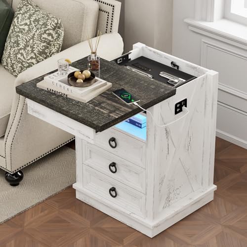 Gurexl Nachtschrank mit LED Beleuchtung und Abschließbare Schubladen,Landhausstil Nachttisch mit Ladefunktion,Bedside Table mit offene Fächer USB Type-C für Schlafzimmer,Weiß