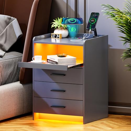 Lvifur Led Nachttisch mit Ladefunktion,Smart Nachtschrank mit 24 Farben Dimmbar, Sideboard mit 3 Schubladen USB Type-C Automatischer Sensor Schlafzimmer Grau