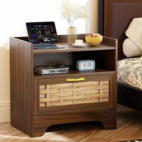 Nachttisch aus Walnussholz, Rattan, 61 cm, mit Schublade und offenem Cubby, Bauernhaus-Nachttisch, stilvoller Beistelltisch für Schlafzimmer und Wohnheim, elegantes Beistelltisch-Design