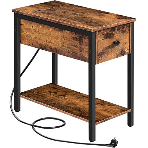 HOOBRO Beistelltisch mit Ladestation, Nachttisch mit Steckdose, 2 AC-Anschlüsse, 2 USB-Anschlüsse, Sofatisch für Kleine Räume, Wohnzimmer, Schlafzimmer, Dunkelbraun EBF042BZ01