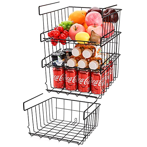 Tebery 4 Stück Unterregal Aufbewahrungskorb, Stapelbar Hängekorb, Unterregal Hängender Metall Drahtkorb Organizer für Küche, Speisekammer, Schreibtisch, Bücherregal, Schwarz