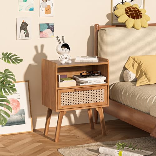 LELELINKY Nachttisch Rattan Modern, Kleiner Beistelltisch Holz mit Schublade und Offenem Regal, Nachttische hat Tischbeine aus Massivholz für Wohnzimmer Sofatisch, Schlafzimmer Nachtkommode, Teebraun