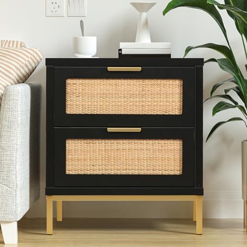 Skokliz Rattan Nachttisch, Schwarz Nachtschrank mit 2 Schubladen, Boho Nachttisch, Beistelltisch Couch mit Lagerung, für Wohnzimmer, Schlafzimmer Skokliz Rattan Nachttisch, Schwarz Nachtschrank mit 2 Schubladen, Boho Nachttisch, Beistelltisch Couch mit Lagerung, für Wohnzimmer, Schlafzimmer