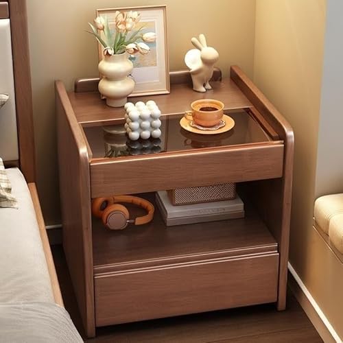 Moderner Nachttisch aus Holz mit Zwei Schubladen, Schrank aus gehärtetem Glas, Mid-Century-Stil, Beistelltisch/Couchtisch für das Zimmer, solide Konstruktion