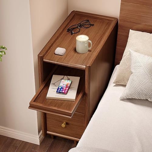 Nachttisch mit Schubladen Massivholz Nachttisch Nussbaum schmaler Beistelltisch für Schlafzimmer, Wohnzimmer und kleine Räume