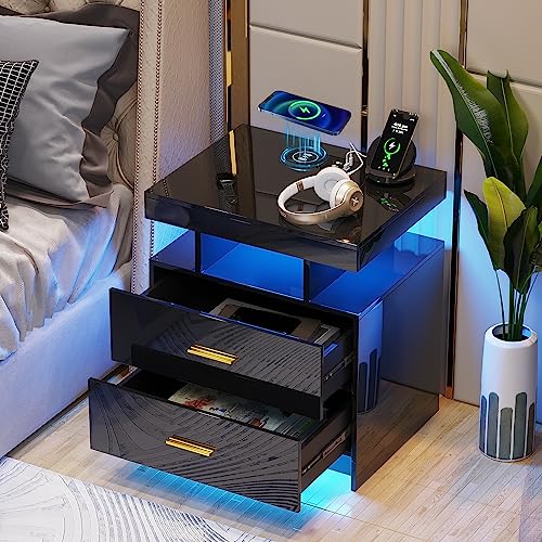 Gurexl Smart Nachttisch,Beistelltisch mit Ladefunktion und LED,schubladenschrank mit 24-farbigen RGB-Lichtern,kommode mit Glasplatte,Nachtkommode mit 1 offene Fächer, für Schlafzimmer?Schwarz