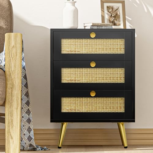 Yvsevnr Nachtschrank mit 3 Schubladen Schwarz, Nachttisch Holz Rattan, Nachttischschrank, Beistelltisch Kleine Kommode für Schlafzimmer, Wohnzimmer, Flur, Büro 46x37x66cm