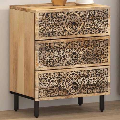 SDWEHO7 Nachttisch mit 3 Schubladen und Eisenbeine, Lampentisch, Retro-Beistellschränke, Schlafzimmer-Möbel, Ablagetisch, Beistelltisch, 50x33x60 cm Massivholz Mango