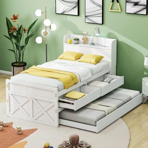 BXEYXE Einzelbett Massivholzbett Kiefer 90x190 Multifunktionales mit ausziehbarer Schublade Lattenrost, Nachttisch mit Ablagen mit USB-Buchse Jugendbett Gästebett Weiß