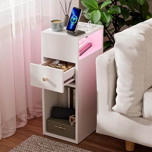 BYNYXI Nachttisch Schmal mit Ladefunktion, Weiß Nachttisch mit Einer Schubladen 2AC/2USB Seitenschrank Nachttischschrank 1.5m Netzkabel Aufbewahrungsschrank für Schlafzimmer Wohnzimmer-30cmx25cmx66cm