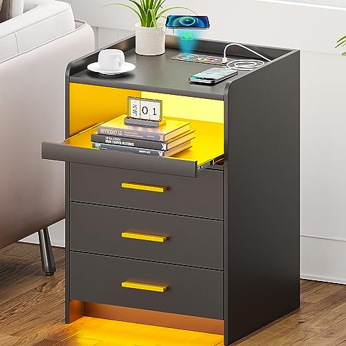 Gurexl Smart Nachttisch?Led schubladenschrank USB Ladefunktion & Kabelloses Laden?dimmbarer Beistelltisch 24 RGB Farben Sensor für den menschlichen Körper?für Schlafzimmer?Schwarz