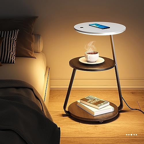GeRRiT Intelligenter Nachttisch mit Ladestation, Sofa-Beistelltisch mit 3-stufiger Ablageplatte, Nachttische mit 3-farbigen LED-Leuchten, moderner Couchtisch (Farbe: Silber + Walnussfarbe)