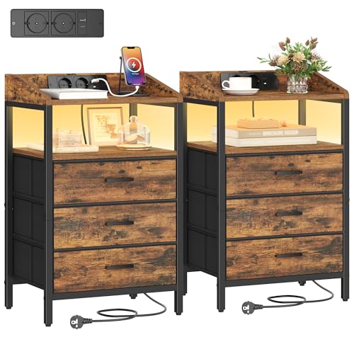 Hzuaneri Nachttisch 2er Set, mit LED-Leuchten und ladefunktion, Beistelltisch mit 3 Stoff-Schubladen mit USB-Anschlüssen & Steckdosen, für Schlafzimmer, Wohnzimmer, Vintage Braun-Schwarz NS35501BEU