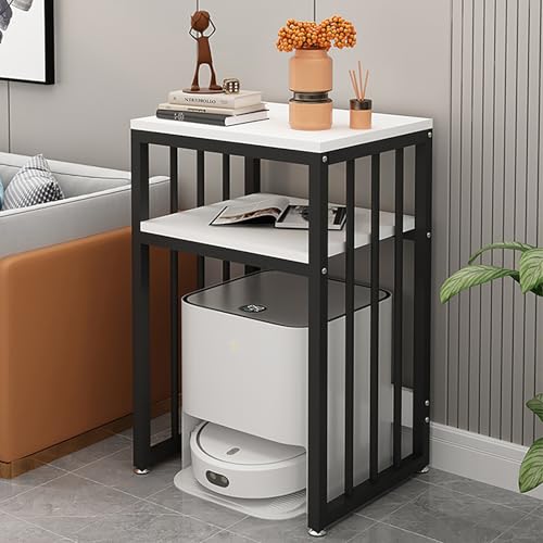 Roboter Staubsauger Schrank, Aufbewahrungsregal über dem Saugroboter, Organizer Regal für Hotel oder Wohnung, Metall Nachttisch, Beistelltisch für Büro oder Zuhause(White/black,80*50 cm/31.5*20 -1)
