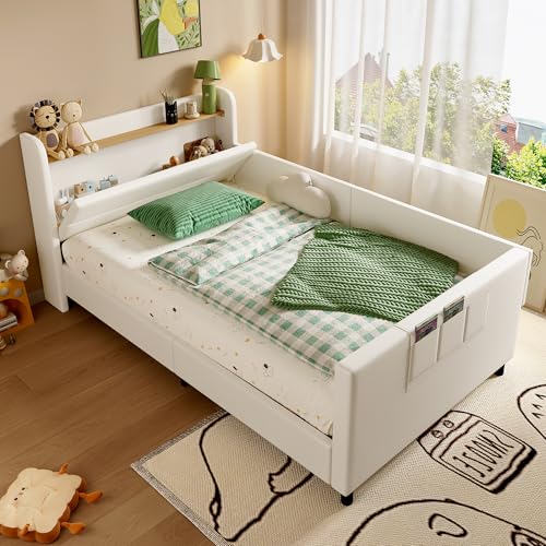 Merax Kinder-Spleißbett,Kinder bett Schlafsofa Polsterbett Tagesbett 90x200cm mit Metallbettgestell und Stauraum, Kinder-Nachttisch mit Klapptür, 3 Aufbewahrungstaschen, Weiß Ohne Matratze