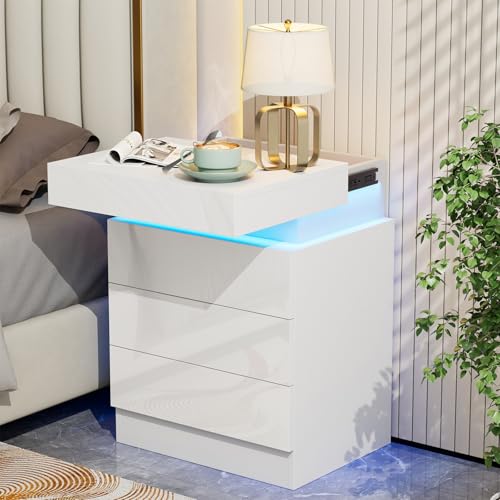 PIPIPOXER Nachttisch Weiß mit LED, Hochglanz Nachtschrank mit 3 Schubladen und Versteckte Obere Schublade, Beistelltisch Sofatisch für Wohnzimmer, Schlafzimmer, Arbeitszimmer, 40x35x61cm, Weiß
