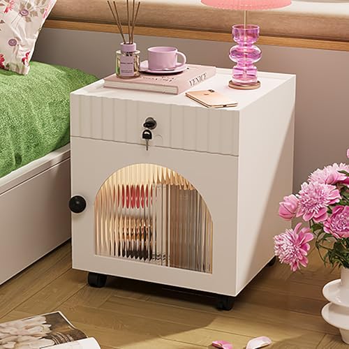 Nachttisch Beistelltisch mit abschließbarer Schublade und Massivholzgriffen, robust und stabil, Vintage-Akzentaufbewahrun g mit 360° leisen Rädern für Schlafzimmer oder Eingangsbereich