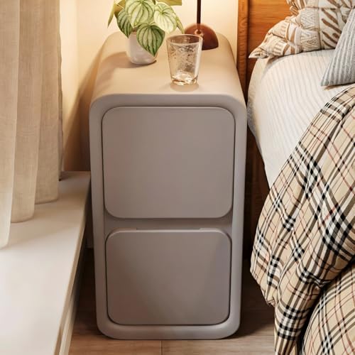 Moderner schmaler Nachttisch mit 2 Massivholz-Ders, runde Ecken, Nachttisch für kleine Schlafzimmer, einfach zu installieren, Hellgrau, 35 x 40 x 47 cm