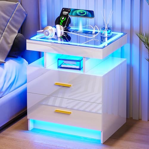 Lvifur LED Hochglanz Nachttisch mit 2 Schublade & LED-Beleuchtung,Nachtschr ank mit Intelligent Ladestation,Bedside Table,Night Stand,Nachtkästchen für Schlafzimmer,Wohnzimmer