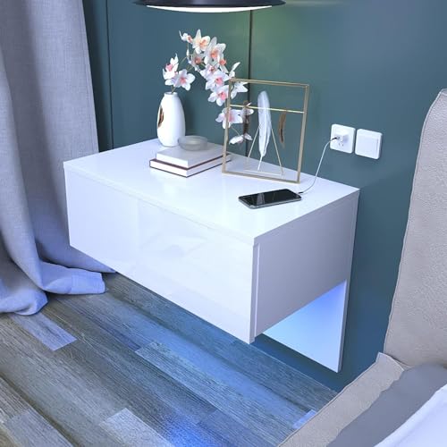 Dripex Nachttisch hängende in Weiß Hochglanz, Wandregal Nachtschrank mit Schublade, Holz Möbel Nachtkommode schwebend mit LED Beleuchtung,60 x 46 x 35 cm