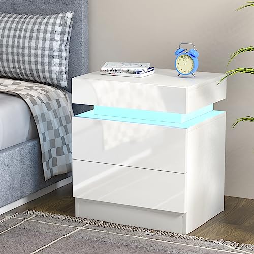 PIPIPOXER Nachttisch mit 2 Schubladen, Weiß Hochglanz Nachtkommode Kommode mit LED Licht Nachtschrank Tisch, 16 Farben Beistelltisch für Wohnzimmer, Schlafzimmer, 45x35x52cm