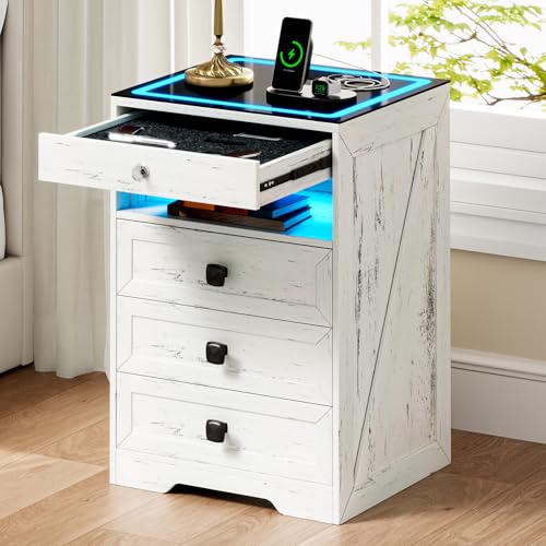 Gurexl Smart Nachttisch mit Ladefunktion, LED Nachtschrank mit 4 Schubladen, Intelligent Sideboard mit 3 Licht Dimmbar USB Type-C Mit Schloss Schlafzimmer Weiß
