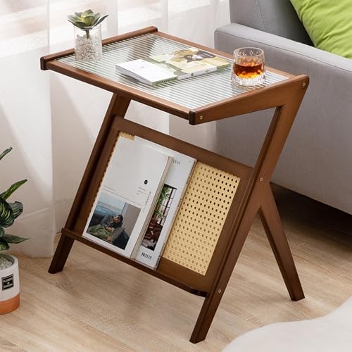 Schlichter Z-förmiger Beistelltisch Das Wohnzimmer,Mit Platte Aus Gehärtetem Glas,Beistelltisch Im Minimalistischen Bambusstil,Nachttisch Kleine Räume,Geeignet Wohnzimmer Und Schlafzimmer(Brown,55*37*