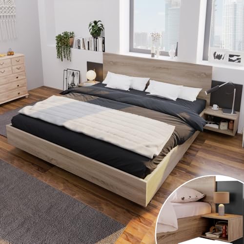 ZJBFXY88 Doppelbett Holzbett Bettanlage 160 X 200 cm 2 Nachtkommoden Modernes Bett Inkl. 2 Nachttischen Schlafzimmer Komplett 205.5x235x76.5 cm(T/B/H) Set in Eiche Sonoma/Dunkelgrau