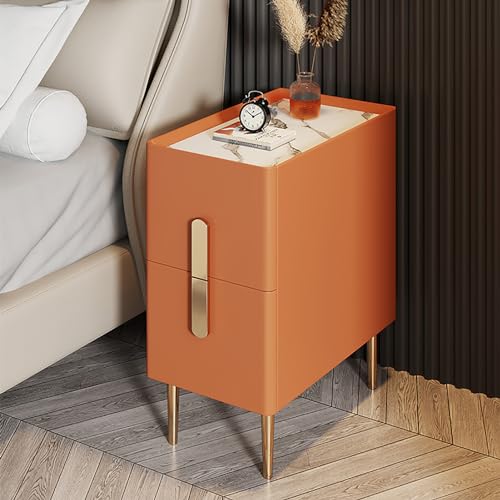 Moderner, minimalistischer, schmaler Nachttisch mit 2 Schubladen und Metallbeinen, Nachttisch aus PU-Leder für enge Räume, Nachttischschrank für Schlafzimmer, Grau, ?Orange 35x40x50cm(14x16x20