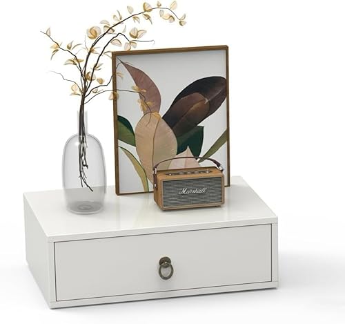 Bonnlo Nachttisch hängend, Wandregal mit Schublade, Hängeschrank, Nachttisch Wandmontage, 46 x 30 x 14.5 cm, Weiß