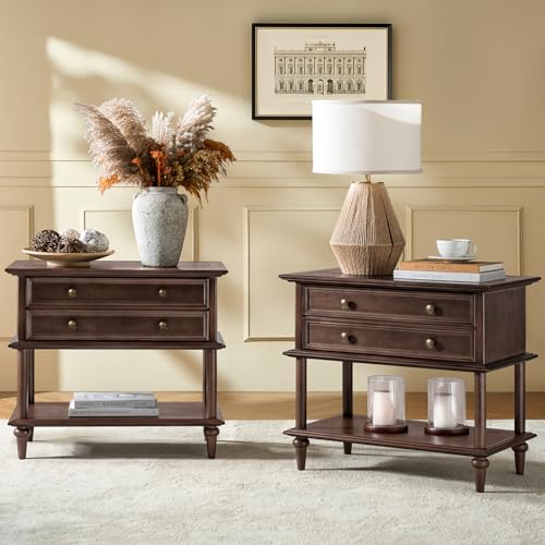 HULALA HOME Holz Nachttische 2er Set mit Massivholzrahmen, Nachttisch Nussbaum mit Ladestation, Nachttisch mit Schubladenablage, Einfache Montage, Walnuss