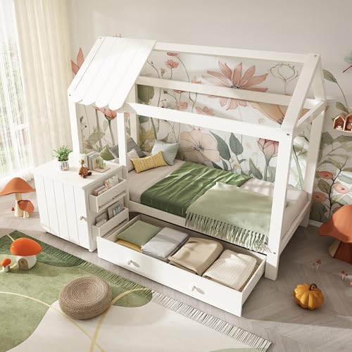 Homgoday Hausbett Kinderbett 90x200 cm aus Massivholz mit Schubladen & abnehmbarem Nachttisch - Bodenbett in Weiß, ohne Matratze Bettgestell AB20062728W