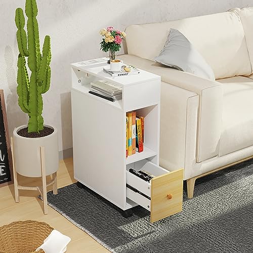 Weißer Nachttisch mit Ladefunktion 70x50x25cm Rollbarer Beistelltisch mit offenen Schubladen Holz Nachttisch Wohnzimmer & Schlafzimmer Möbel