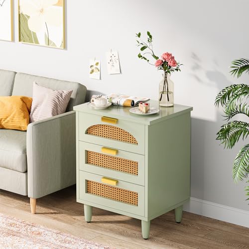 Tribesigns Rattan-Nachttisch, 3 Schubladen, Bauernhaus-Nachttisch, Beistelltisch, Akzent-Nachttische, Beistelltisch für Schlafzimmer und kleine Räume, einfache Montage (Mintgrün) (1, Grün)
