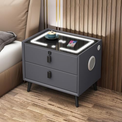 Moderner Smart-Nachttisch mit Ladestation, 2 USB-Anschlüssen und LED-Licht, Grau (2 Schubladen)