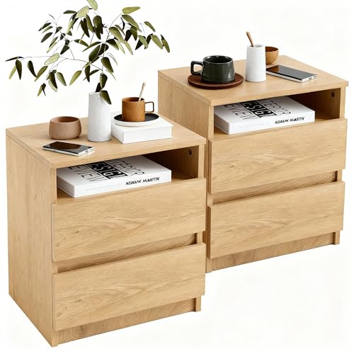 Mingone Nachttisch 2er Set, Nachtschrank aus Holz, Nachtkästchen mit 2 Schubladen, Beistelltisch Modernes Design für Schlafzimmer, Wohnzimmer Holzfarben