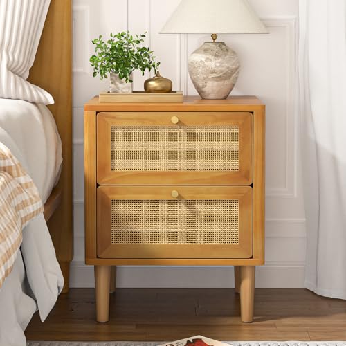 Yvsevnr Rattan Nachttisch mit 2 Schubladen Massivholz Beistelltisch mit Metallgriff Boho Nachtschrank Kleiner Schrank für Schlafzimmer Wohnzimmer Kinderzimmer Vollständig Montiert 45 x 40 x 55.5 cm