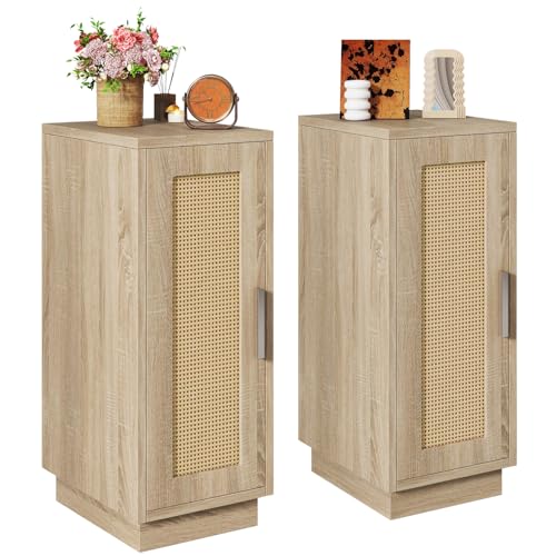 IBUYKE Rattan Nachttisch 2er Set,Kleiner Nachtschrank mit 2 Fächern, Schmal Beistelltisch Platzsparend, für Schlafzimmer, Wohnzimmer,Arbeitszimmer, Natürliche WNS014N-2