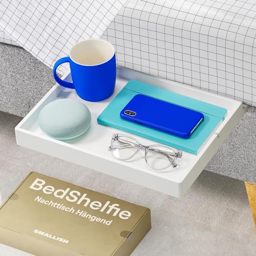BedShelfie Nachttischregal für Etagenbett und oberes Etagenbett, Essentials für Studentenwohnheimzimmer, Hochbett-Nachttisch-Organ izer zum Anklipsen, Nachttisch-Tablett – weiße Holzrutsche