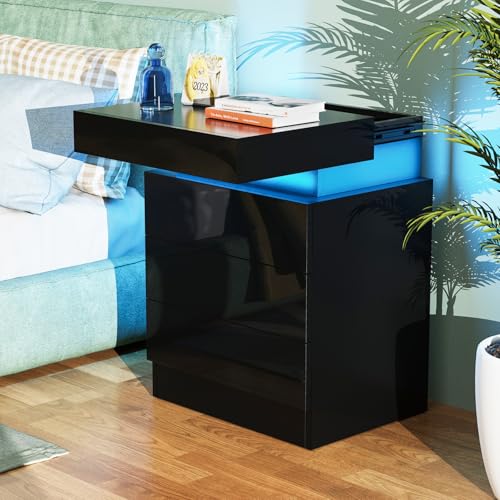 HaodaCulture Nachttisch Schwarz, Nachttisch mit Beleuchtung, Nachtschrank, Einstellbare 16 Farben, 3 Schubladen Hochglanz, Tapa Push-Pull, Wohnzimmer, Schlafzimmer, Arbeitszimmer, Modern 40x35x61cm
