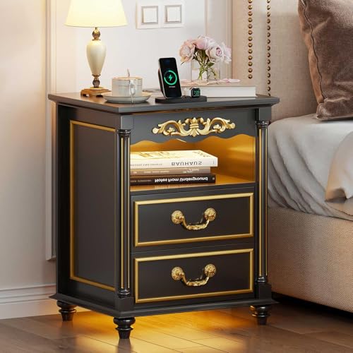 Gurexl Led Retro Nachttisch mit Ladefunktion,Smart Nachtschrank landhausstil mit 3 Licht Dimmbar, Intelligent Sideboard mit 2 Schubladen USB Type-C Mit Schloss Schlafzimmer Schwarz