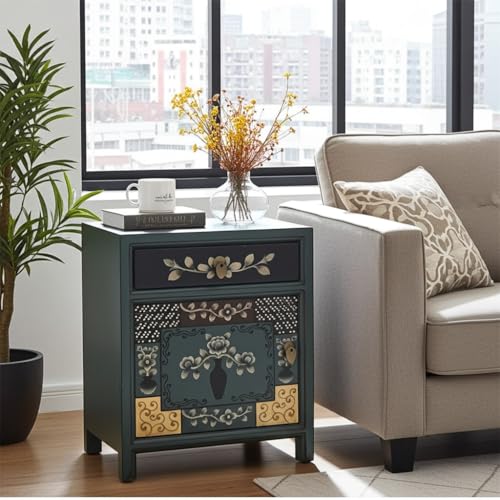 OPIUM OUTLET Chinesische Nacht-Konsole asiatischer Nachttisch Asia Nacht-Schrank orientalische Schlafzimmer-Kommode Shabby-chic blau